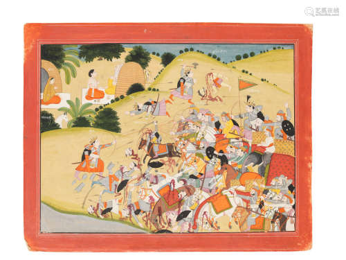 An illustration to a Ramayana series: a battle scene, perhaps Lava and Kusha battling Rama's army, the sage Valmiki in his hermitage Kangra, circa 1820