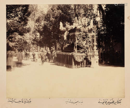 (3) Three photographs by the Royal Private Photographer, Abdullah Qajar, two depicting the funeral of Nasr al-Din Shah Qajar, and a view of Tehran from the top of the Shams al-'Imarah Persia, probably Tehran, dated AH 1315/AD 1897-98