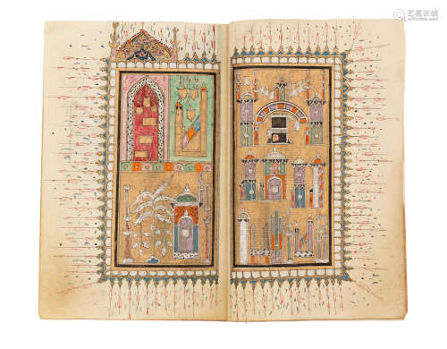 Al-Jazuli, Dala'il al-Khayrat wa shawariq al-anwar, prayers in praise of the Prophet Muhammad, with two diagrams of the holy tombs in Mecca and Medina, copied by Muhammad al-Qunawi, a pupil of Husain Efendi, better known as Husni Ottoman, provincial, 19th Century