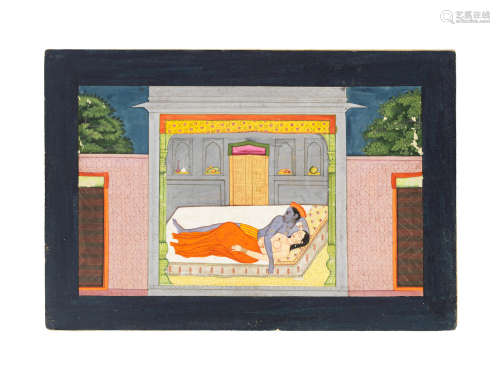 An illustration from the Sunder Shringar: Radha and Krishna lying on a bed within a pavilion Kangra or Guler, circa 1780