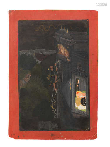 A romantic tryst during a thunderstorm, the noble lover scaling the walls of a palace to his mistress' balcony, as her guards sleep below Kotah, late 18th Century