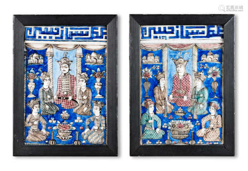 (2) Two Qajar underglaze-painted moulded pottery tiles Persia, circa 1880