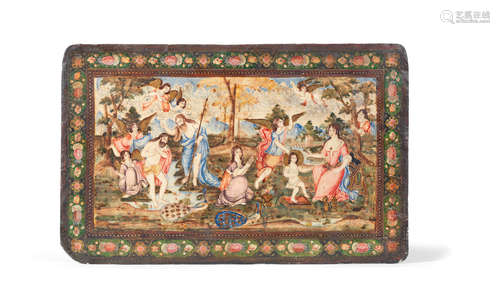 A large Qajar lacquer book binding, probably made by Armenian craftsmen, depicting the Baptism of Christ, with a mother and child attended by angels Persia, probably Isfahan, mid-19th Century