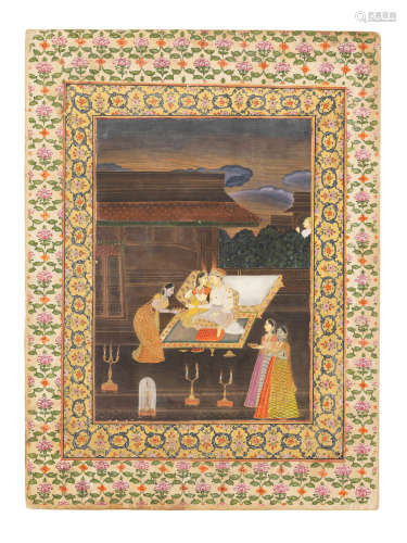 Dipak ragini: a prince with his mistress on a palace terrace at sunset, attended by female servants Provincial Mughal, Lucknow, circa 1760
