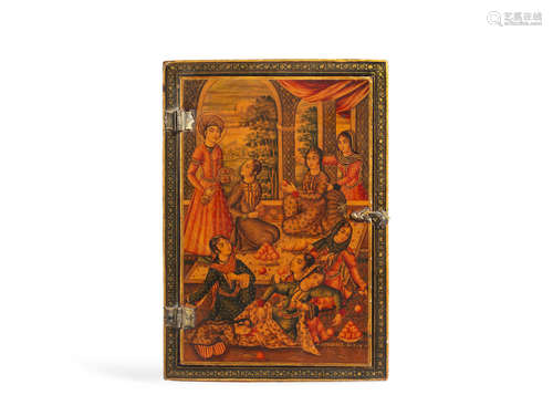 A Qajar lacquer mirror case, decorated with scenes from Jami's Yusuf va Zulaykha, Nizami's Khusraw va Shirin, and a third depicting the story of Shaykh San'an and the Christian maiden Persia, mid-19th Century