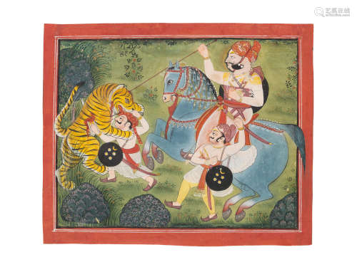 Raja Bishan Singh (reg. 1772-1821) hunting a tiger on horseback, assisted by armed attendants on foot Bundi, early 19th Century