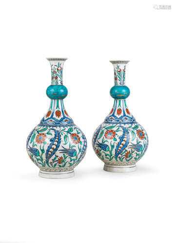 (2) A pair of Samson Iznik style porcelain water flasks (surahi) France, 19th Century