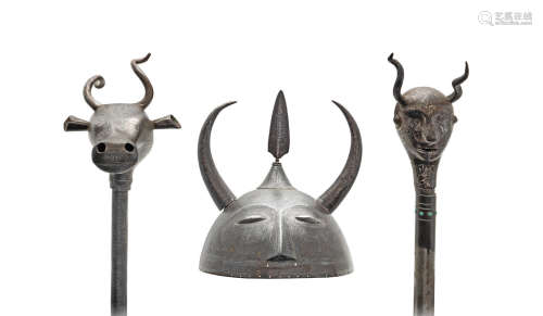 (3) Two Qajar steel zoomorphic standards and a steel helmet (khula-khud) Persia, 19th Century