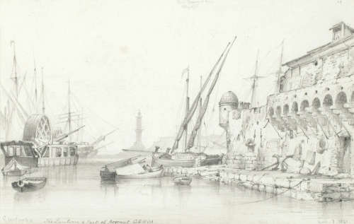 'Port of Genoa'; 'The Lantern & Part of Arsenal, Genoa' the first 14 x 21.5cm (5 1/2 x 8 7/16in); the second 13.5 x 21cm (5 5/16 x 8 1/4in). (2) Edward William Cooke, RA(British, 1811-1880)