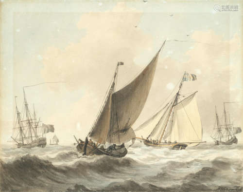 Differently rigged Dutch craft in choppy seas offshore William Anderson(British, 1757-1837)