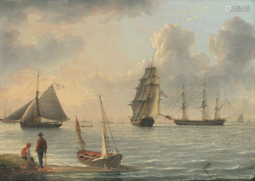 Figures by a duster, looking towards a naval cutter and frigate John Ward of Hull(British, 1798-1849)