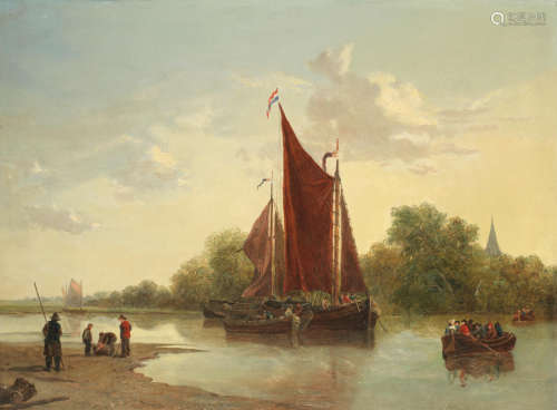 Unloading a Dutch barge at a ferry crossing Charles Augustus Mornewick(British, circa 1793-1874)