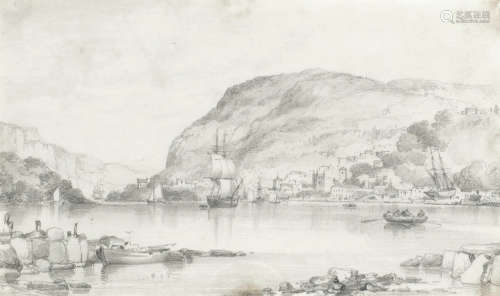 Ships at rest; A quiet harbour the first 9.5 x 16.5cm (3 3/4 x 6 1/2in); the second 10.5 x 17.5cm (4 1/8 x 6 7/8in). (2) Edward William Cooke, RA(British, 1811-1880)