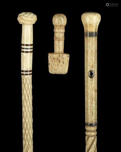 A whale bone and ivory walking stick,  English, mid 19th century,