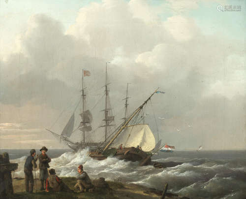 Fishermen on the shore with ships setting sail beyond Dutch School(early 19th century)