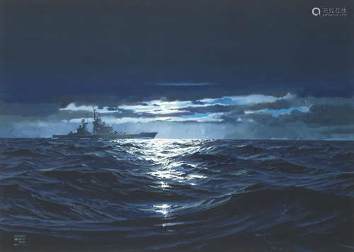 A warship under moonlight Geoffrey William Hunt(British, born 1948)