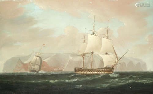 A three-decked ship-of-the-line bearing away from Jamestown, St. Helena, with her escorting frigate firing a farewell salute William John Huggins(British, 1781-1845)