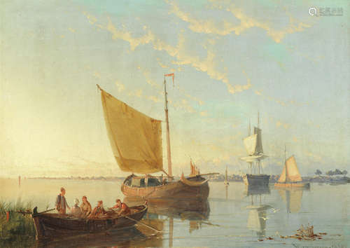 Evening on an estuary with moored shipping William Raymond Dommersen(Dutch, 1850-1927)