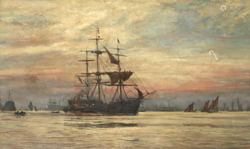 A ship recieving a pilot through busy Thames waters William Lionel Wyllie, R.A.(British, 1851-1931)