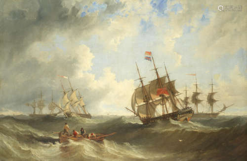 Sailing vessels, naval and merchant, wallowing in heavy seas Attributed to John Wilson Carmichael(British, 1800-1868)