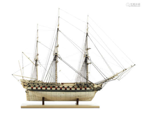 A large prisoner of war bone model of a 70-gun-ship-of-the-line,  French, Early 19th century,