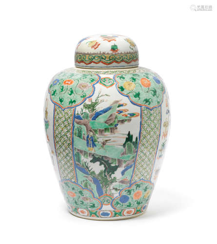 Kangxi A large famille verte 'Hundred Antiques' jar and cover