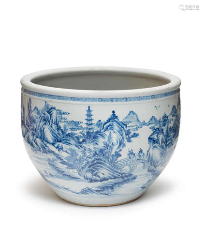 18th century A massive blue and white 'riverscape' deep fishbowl