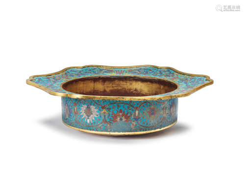 Kangxi  A large cloisonné enamel hexagonal 'lotus and chi dragon' basin