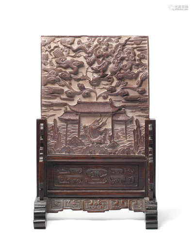 Qing Dynasty  A large duan stone 'carp leaping the dragon gate' screen