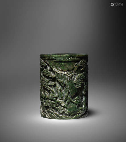 19th century  A spinach-green jade brushpot, Bitong