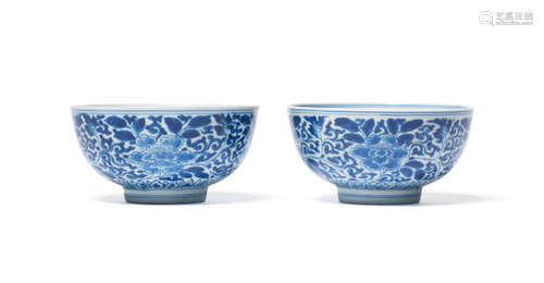 Kangxi six-character marks and of the period A pair of blue and white 'peony' bowls