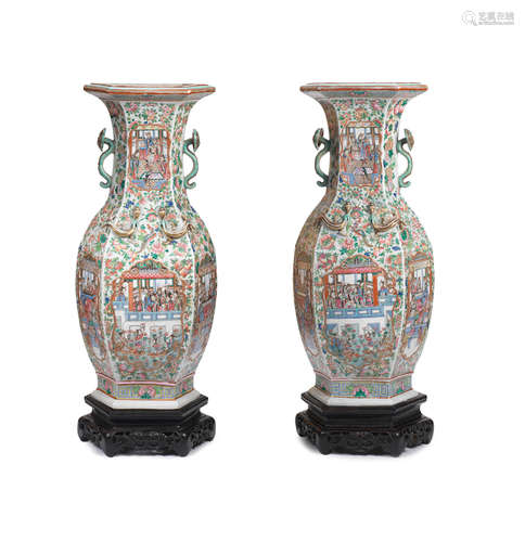 19th century A pair of large famille rose hexagonal vases