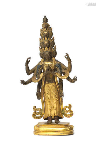 18th century A repoussé gilt-bronze standing figure of eleven-headed Avalokiteshvara