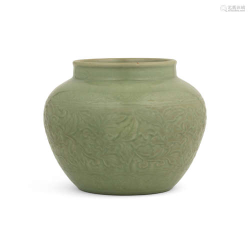 Early Ming Dynasty A Longquan celadon-glazed moulded jar