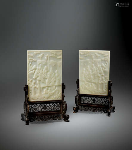 Republic Period A pair of white jade rectangular table screens