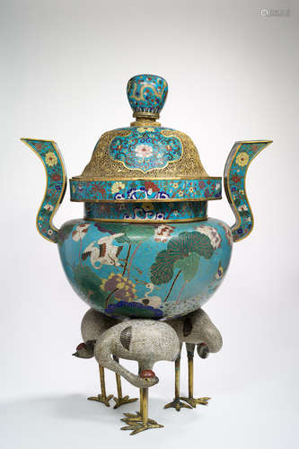 Qing Dynasty A rare cloisonné enamel and gilt-bronze tripod 'cranes' incense burner and cover