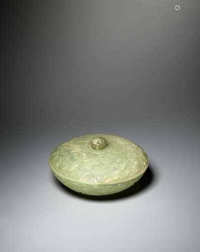 18th/19th century A Mughal-style pale green jade 'floral' bowl and cover