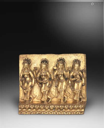 15th century  A fine and rare gilt-copper Densatil-style 'four dancers' frieze