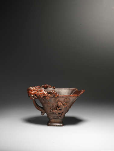 17th century A finely carved rhinoceros horn 'chilong' libation cup
