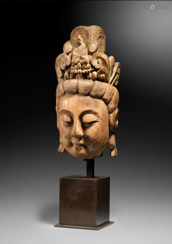 Yuan/early Ming Dynasty  A rare carved wood head of Guanyin