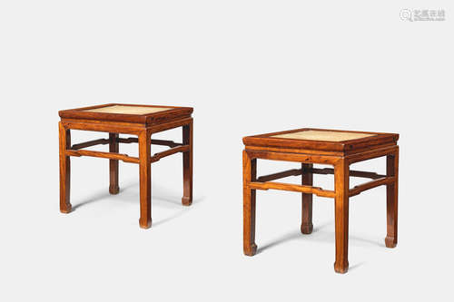 17th/18th century  A fine pair of huanghuali square waisted corner-leg stools, fangdeng