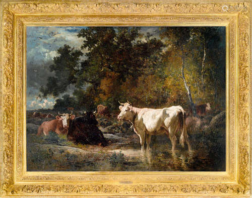 Cattle resting and watering in a woodland stream 58 1/2 x 80 1/2in (148.6 x 204.5cm) Emile van Marcke de Lummen(French, 1827-1890)