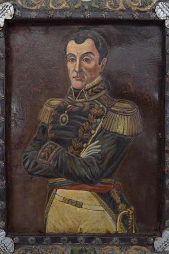 ANTIQUE OIL PAINTING ON LEATHER OF ARGENTINE HERO#
