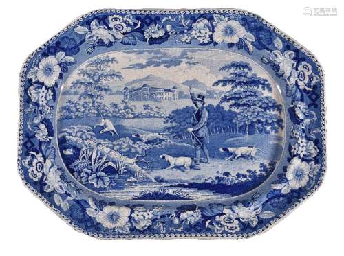 A Staffordshire blue and white printed pearlware 'Game Keeper' pattern shaped octagonal meat dish