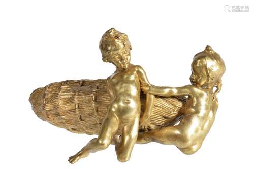 Raoul Larche (1860-1912), a gilt bronze group of two children beside a large basket