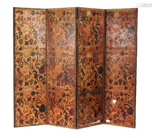 An embossed leather four fold screen