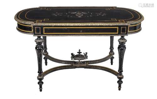 A Napoleon III ebonised, inlaid, and gilt metal mounted centre table