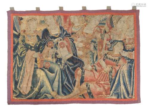 16th century tapestry, reclining youth amongst noblewomen