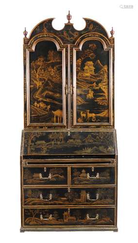A black lacquer and parcel gilt bureau bookcase in George II style