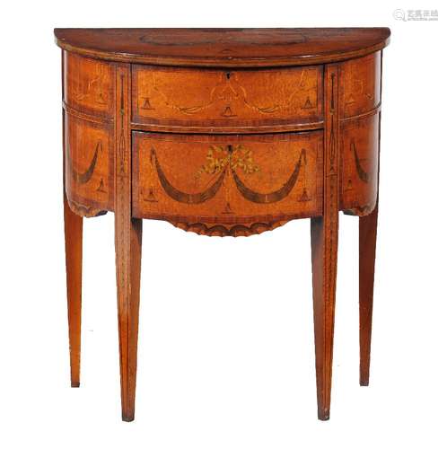 ϒ A Sheraton Revival satinwood, rosewood banded, and marquetry inlaid petite commode